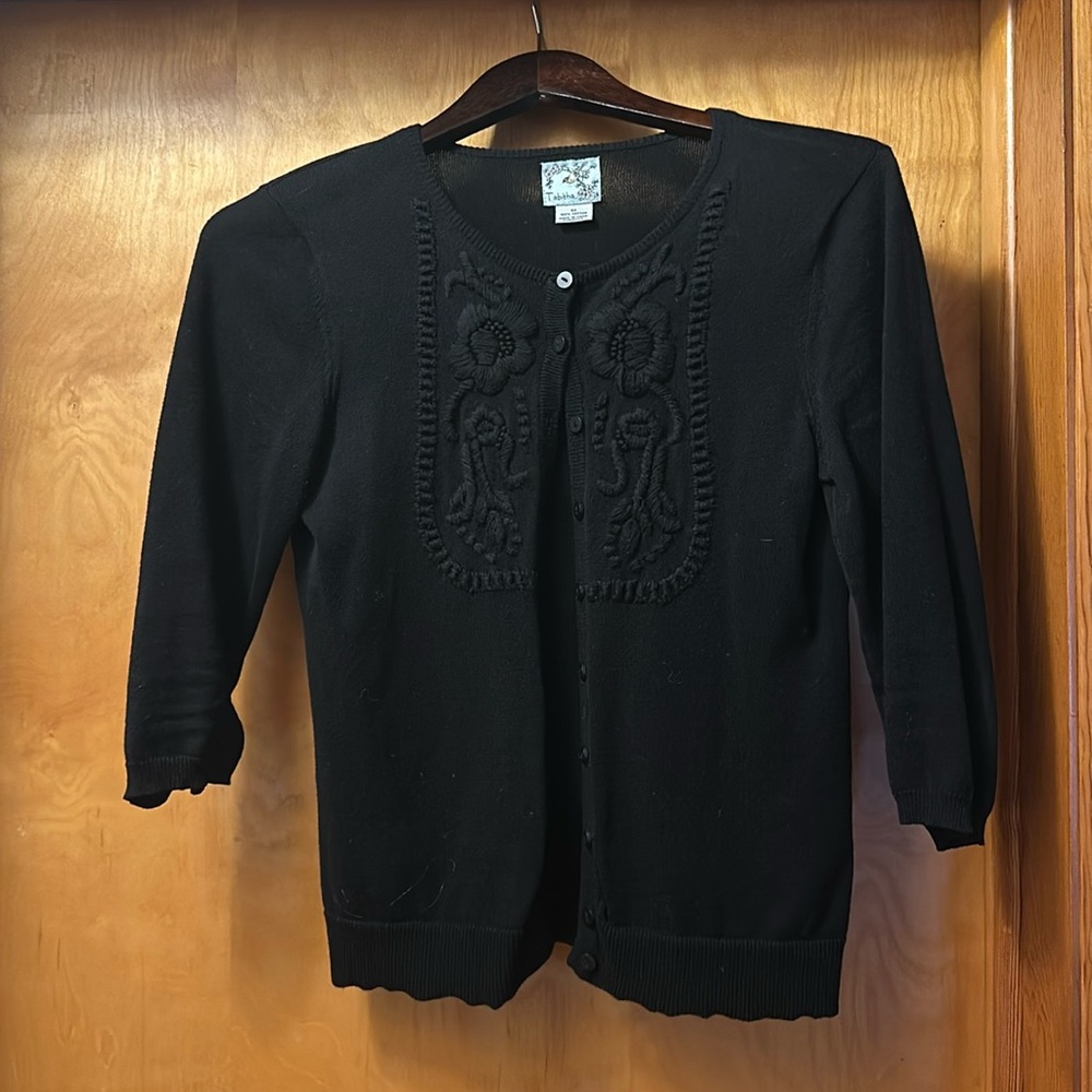 Anthropologie 3/4 Sleeve Embroidered Black Cardigan